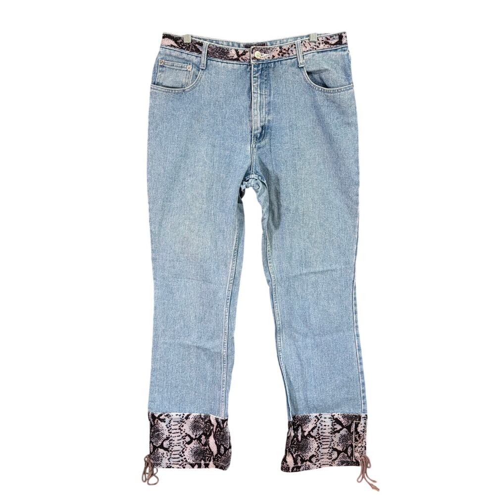 Vintage Vasco Womens Jeans Blue Denim Snake Print Accent Tie Hem Straight 15/16